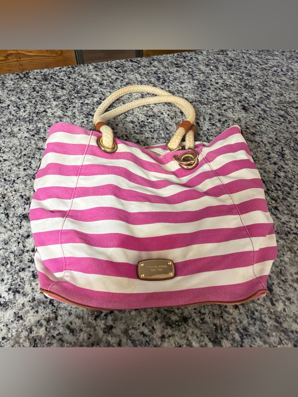 michael kors marina tote Pink White Stripe Canvas Tote